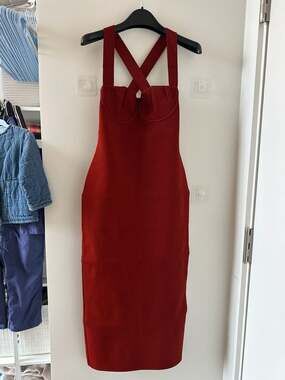GALVAN London Red Matte Knit Bustier Cross-Back Midi Dress M